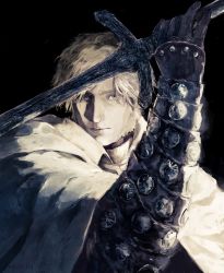 Rule 34 | 1boy, alfred (bloodborne), armor, black background, black gloves, blonde hair, bloodborne, cloak, closed mouth, fune (nkjrs12), gloves, green eyes, highres, holding, holding sword, holding weapon, looking at viewer, male focus, sideburns, simple background, solo, sword, upper body, vambraces, weapon, white cloak