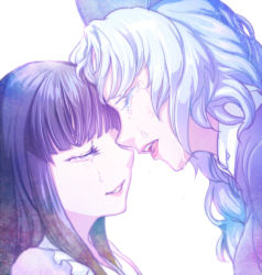 Rule 34 | 2girls, blunt bangs, closed eyes, colored eyelashes, crying, face-to-face, female focus, forehead-to-forehead, heads together, houraisan kaguya, lips, lipstick, makeup, multiple girls, parted lips, portrait, profile, smile, tama (moonriders), tears, touhou, white background, yagokoro eirin