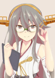 Rule 34 | 1girl, adjusting eyewear, bare shoulders, bespectacled, brown background, brown eyes, closed mouth, commentary request, detached sleeves, glasses, green-framed eyewear, grey hair, hair between eyes, hair ornament, hairband, haruna (kancolle), jewelry, kantai collection, looking at viewer, mitsurui, nontraditional miko, one-hour drawing challenge, ribbon-trimmed sleeves, ribbon trim, sidelocks, simple background, smile, solo, v-shaped eyebrows