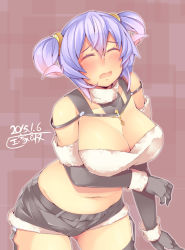 Rule 34 | 10s, 1girl, 2015, absurdres, alternate hairstyle, blush, breasts, choker, cleavage, dated, elbow gloves, closed eyes, fur trim, gloves, highres, horns, kokka han, large breasts, letty whiterock, midriff, navel, open mouth, plump, short shorts, short twintails, shorts, solo, thighhighs, touhou, twintails, wool
