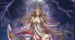 Rule 34 | 1girl, absurdly long hair, blonde hair, bracelet, cloud, cloudy sky, copyright request, crown, dress, gold crown, gold trim, halo, jewelry, jjlovely, lightning, long hair, looking at viewer, sky, solo, storm, storm cloud, very long hair, white dress