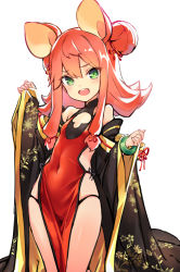 Rule 34 | 1girl, alternate costume, alternate hairstyle, animal ears, ash arms, breasts, china dress, chinese clothes, commentary request, dress, green eyes, hair ornament, looking at viewer, maus (ash arms), medium hair, mouse ears, open mouth, panties, red hair, simple background, small breasts, solo, underwear, white background