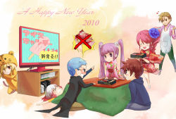 Rule 34 | 10s, 2010, 3girls, 4boys, apron, asbel lhant, brothers, cheria barnes, food, game console, hair ornament, hubert ozwell, japanese clothes, kimono, kotatsu, malik caesars, multicolored hair, multiple boys, multiple girls, new year, pascal (tales), playstation 3, popsicle, richard (tales), siblings, sophie (tales), table, tales of (series), tales of graces, tenguu rio, twintails, two-tone hair, wii, xbox 360