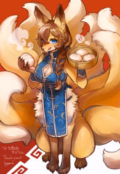 Rule 34 | 1girl, animal ear fluff, animal ears, animal hands, bamboo steamer, baozi, blue eyes, body fur, braid, braided ponytail, breasts, brown fur, brown hair, centauroid, china dress, chinese clothes, claws, cleavage cutout, closed mouth, clothing cutout, commission, dress, eating, food, food on face, fox ears, fox girl, fox tail, full body, furry, furry female, hair between eyes, hair over shoulder, hands up, highres, hogara, holding, holding food, kitsune, kyuubi, large breasts, licking lips, long hair, looking at viewer, mandarin collar, multicolored background, multicolored hair, multiple tails, orange fur, original, pelvic curtain, red background, simple background, sitting, skeb commission, sleeveless, slit pupils, snout, solo, steam, streaked hair, tail, taur, tongue, tongue out