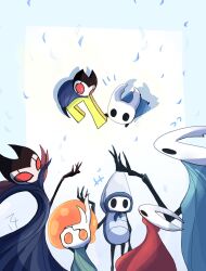 Rule 34 | +++, 1girl, 2boys, 4others, anniversary, arm up, black eyes, blue cape, broken vessel (hollow knight), bug, cape, commentary request, grimm (hollow knight), grimmchild, highres, hollow knight, hollow knight (character), hornet (hollow knight), knight (hollow knight), multiple boys, multiple others, nzwixbydhknxjlw, quirrel, red eyes