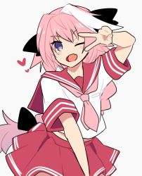 Rule 34 | 1boy, astolfo (fate), astolfo (sailor paladin) (fate), blush, braid, fang, fate/apocrypha, fate/grand order, fate (series), hair ribbon, long hair, looking at viewer, male focus, mzh, neckerchief, official alternate costume, open mouth, pink hair, pleated skirt, purple eyes, ribbon, school uniform, serafuku, simple background, single braid, skirt, smile, solo, trap