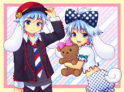 Rule 34 | 1boy, animal ears, blue eyes, blue hair, bow, cinnamoroll, crossdressing, dog, dog ears, dog tail, dual persona, hair bow, hat, oginy, open mouth, personification, plate, sanrio, short hair, smile, stuffed animal, stuffed toy, tail, trap, twintails, underwear, uniform