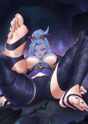 Rule 34 | 1girl, barefoot, blue eyes, blue hair, breasts, feet, highres, large breasts, league of legends, light blue hair, long hair, looking at viewer, nipples, parted lips, pointy ears, ponytail, shorts, soles, stirrup legwear, toeless legwear, toes, topless, vayne (league of legends)