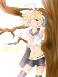 Rule 34 | 1girl, blonde hair, blue eyes, blush, breasts, detached sleeves, female focus, glowing, green eyes, hair ornament, hair ribbon, hairclip, highres, kagamine rin, midriff, navel, plant, ribbon, short hair, shorts, small breasts, smile, solo, thighhighs, vocaloid, white background, yellow theme