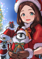 Rule 34 | bird, brown gloves, christmas, christmas tree, fate/grand order, fate (series), gloves, leonardo da vinci (fate), leonardo da vinci (fate/grand order), leonardo da vinci (rider) (fate), long hair, looking at viewer, meltryllis, meltryllis (fate), meltryllis (swimsuit lancer) (fate), meltryllis (swimsuit lancer) (first ascension) (fate), nyantiu, open mouth, penguin, smile