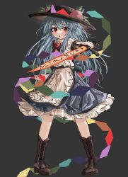 Rule 34 | 1girl, absurdres, black background, black footwear, black headwear, blue hair, blue skirt, boots, bow, bowtie, chinese commentary, commentary, english commentary, food, frilled skirt, frills, fruit, full body, highres, hinanawi tenshi, holding, holding sword, holding weapon, leaf, long hair, looking at viewer, open mouth, ougiikun, peach, rainbow order, red bow, red bowtie, red eyes, simple background, skirt, standing, sword, touhou, weapon
