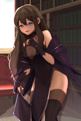 Rule 34 | 1girl, absurdres, bare shoulders, black dress, black footwear, black gloves, black hair, blue eyes, bobby36446329, boots, braid, breasts, brown thighhighs, dress, gloves, hair between eyes, hair ornament, hairclip, hand on own chest, highres, long hair, looking at viewer, no panties, off shoulder, open mouth, original, partially fingerless gloves, pelvic curtain, sidelocks, sleeveless, sleeveless dress, small breasts, smile, solo, standing, thigh boots, thighhighs, thighs, very long hair