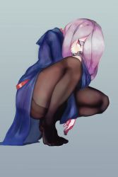 Rule 34 | 10s, 1girl, ass, bad id, bad pixiv id, black pantyhose, blush, grey background, highres, little witch academia, long hair, looking at viewer, michiyuki (michu1800), pantyhose, purple hair, red eyes, robe, simple background, solo, squatting, sucy manbavaran