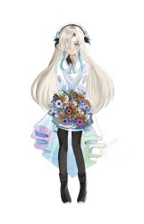 Rule 34 | 1girl, absurdres, ascot, beret, black footwear, black pantyhose, blonde hair, blue eyes, blue hair, boots, bouquet, closed mouth, collared dress, dress, flower, full body, hair flower, hair ornament, hair over one eye, hat, high-low skirt, highres, holding, holding bouquet, iridescent, isekai joucho, kamitsubaki studio, long hair, long sleeves, looking at viewer, ming (mei), multicolored hair, one eye covered, pantyhose, simple background, smile, solo, standing, streaked hair, v arms, virtual youtuber, white background, white dress, white hat