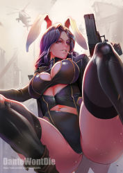 Rule 34 | 1girl, aircraft, animal ears, artist name, black thighhighs, breasts, cigarette, cleavage, commentary request, dantewontdie, grin, gun, handgun, helicopter, highres, large breasts, long hair, looking at viewer, navel, parted lips, pistol, purple hair, rabbit ears, red eyes, reisen udongein inaba, skindentation, smile, solo, squatting, thighhighs, thighs, touhou, weapon