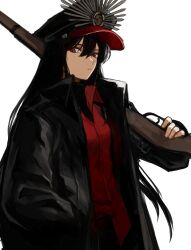 Rule 34 | 1girl, badnick69 (camchi), black coat, black hair, black undershirt, closed mouth, coat, collared shirt, commentary request, cowboy shot, empty eyes, fate/grand order, fate (series), from side, gun, hair between eyes, hand in pocket, hat, hat ornament, highres, holding, holding gun, holding weapon, korean commentary, long hair, looking at viewer, looking down, oda nobunaga (fate), oda uri, open clothes, open coat, over shoulder, peaked cap, red eyes, red shirt, rifle, shirt, sideways glance, solo, turtleneck, weapon, weapon over shoulder, white background