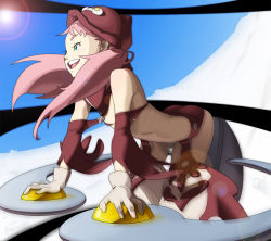 Rule 34 | 00s, 1girl, bent over, cross, cynthia lane, detached sleeves, flat chest, gloves, gradient background, green eyes, happy, hat, long hair, midriff, open mouth, overman king gainer, pink hair, smile, solo, tocky