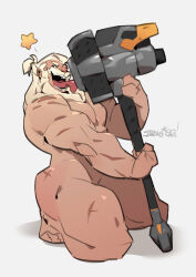 Rule 34 | 1boy, absurdres, arts of indiego, bara, beard, convenient leg, facial hair, full beard, hammer, highres, kneeling, large pectorals, licking, licking weapon, male focus, mature male, multiple scars, muscular, muscular male, naughty face, nude, old, old man, overwatch, partially blind, pectorals, reinhardt (overwatch), scar, scar across eye, short hair, thick beard, thighs, tongue, tongue out, war hammer, weapon, white hair, wink star
