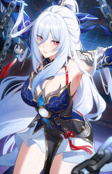 Rule 34 | 1girl, absurdres, armpits, arms up, blush, breasts, chain, chinese commentary, commentary request, eyes visible through hair, hair ornament, highres, honkai: star rail, honkai (series), jingliu (honkai: star rail), large breasts, long hair, looking at viewer, parted lips, ponytail, red eyes, solo, thighs, white hair, wu ganlan cai