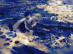 Rule 34 | 1boy, black hair, blue theme, cocontma, expressionless, highres, limited palette, looking at viewer, original, partially submerged, shirt, short hair, short sleeves, solo, upper body, water, white shirt