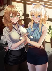 Rule 34 | 2girls, absurdres, bare arms, bare shoulders, blonde hair, blouse, blue eyes, blush, bow, breast press, breasts, brown hair, button gap, casual, choker, coffee mug, collared shirt, contemporary, cowboy shot, cup, flower pot, genshin impact, glasses, green eyes, hair bow, highres, holding hands, id card, indoors, interlocked fingers, jean (genshin impact), large breasts, lisa (genshin impact), mug, multiple girls, office lady, pantyhose, paper, pencil skirt, ponytail, shirt, side ponytail, skirt, sleeveless, sleeveless shirt, smile, ssb (nit8921), standing, thighhighs