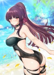 Rule 34 | 1girl, ass, backless outfit, backless swimsuit, beach, black bow, black choker, black one-piece swimsuit, blush, bow, braid, breasts, choker, clothing cutout, day, ero waifu, frown, girls&#039; frontline, hair bow, large breasts, long hair, looking at viewer, looking back, ocean, official alternate costume, one-piece swimsuit, outdoors, petals, ponytail, purple bow, purple hair, red eyes, side cutout, solo, strapless, strapless one-piece swimsuit, swimsuit, thigh strap, wa2000 (girls&#039; frontline), wa2000 (op. manta ray) (girls&#039; frontline), water drop