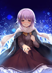 Rule 34 | 10s, 1girl, :d, blush, brown eyes, fummy, hair ornament, hairclip, idolmaster, idolmaster cinderella girls, jacket, jacket on shoulders, jewelry, koshimizu sachiko, looking at viewer, open mouth, outstretched arm, purple hair, ring, scarf, school uniform, short hair, smile, solo, tears