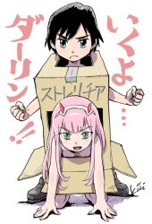 Rule 34 | 10s, 1boy, 1girl, black hair, box, cardboard box, cardboard box gundam, censored, clenched hands, commentary request, darling in the franxx, green eyes, hairband, hiro (darling in the franxx), horns, kiichi, long hair, looking at viewer, open mouth, pink hair, short hair, simple background, translated, white background, white hairband, zero two (darling in the franxx)