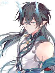 Rule 34 | 1boy, absurdres, aqua horns, arms at sides, artist name, black hair, cleavage cutout, clothing cutout, collared shirt, commentary request, dan heng (honkai: star rail), dan heng (imbibitor lunae) (honkai: star rail), earrings, highres, honkai: star rail, honkai (series), horns, jewelry, koukai sita, long hair, looking at viewer, male focus, parted lips, pectoral cleavage, pectorals, pointy ears, shirt, signature, simple background, single bare shoulder, solo, upper body, very long hair, white background