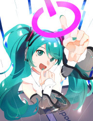 Rule 34 | 1girl, :d, absurdres, aqua eyes, aqua hair, aqua nails, arm up, black sleeves, commentary, detached sleeves, english commentary, finger to mouth, foreshortening, hair between eyes, hair ornament, hatsune miku, head tilt, headphones, highres, long hair, looking at viewer, open mouth, perspective, pointing, pointing up, power symbol, s u d, see-through, see-through sleeves, shirt, sleeveless, sleeveless shirt, smile, solo, standing, twintails, upper body, vocaloid, white background, white shirt