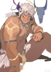 Rule 34 | 1boy, absurdres, animal ears, animal skull, asymmetrical horns, bara, belly, bulge, cow boy, cow ears, cow horns, dark-skinned male, dark skin, dichuan (arriverw), facial hair, feet out of frame, fiery horns, forked eyebrows, glowing horns, goatee, highres, horns, jewelry, loincloth, looking at viewer, male focus, mismatched horns, muscular, muscular male, navel, necklace, nipples, pectorals, short hair, sitting, solo, thick eyebrows, thighs, tokyo houkago summoners, topless male, tribal, unfinished, wakan tanka, wakan tanka mugen, white hair