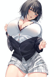 Rule 34 | 1girl, :o, absurdres, asaka karin, black hair, blazer, blue eyes, blunt bangs, blush, breasts, button gap, cleavage, collared shirt, commentary request, dress shirt, grey skirt, highres, jacket, large breasts, long sleeves, looking at viewer, love live!, love live! nijigasaki high school idol club, medium hair, namazu (yamasonson), off shoulder, open mouth, partially unbuttoned, plaid, plaid skirt, shirt, simple background, skirt, solo, thighs, white background, white shirt