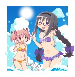Rule 34 | 10s, 2girls, :d, akemi homura, bikini, blush, bow, braid, cloud, day, double v, gecchu, glasses, hair bow, hair ribbon, hairband, highres, kaname madoka, kyubey, looking at viewer, mahou shoujo madoka magica, mahou shoujo madoka magica (anime), midriff, multiple girls, navel, open mouth, pink eyes, pink hair, red-framed eyewear, ribbon, short twintails, sky, smile, sun, swimsuit, twin braids, twintails, v, wading, water