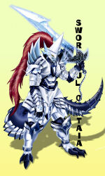 Rule 34 | armor, artist name, artist request, dragon, dragon tail, duel monster, full body, greatsword, highres, holding, holding sword, holding weapon, long hair, looking at viewer, red hair, sword, swordsoul (yu-gi-oh!), swordsoul of taia, tail, weapon, yellow background, yellow eyes, yu-gi-oh!