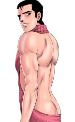 Rule 34 | 1boy, abe takakazu, arms at sides, ass, back, backless outfit, bad id, bad pixiv id, bare shoulders, black hair, butt crack, kuso miso technique, looking at viewer, male focus, meme attire, muscular, parted lips, pink sweater, ribbed sweater, solo, standing, sweater, virgin killer sweater, yuubi