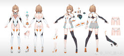 Rule 34 | 1girl, ahoge, arms at sides, ass, bare back, boots, breasts, brown hair, character sheet, cleavage, cleavage cutout, clothing cutout, covered navel, cropped jacket, dress, elbow gloves, fingerless gloves, gloves, gluteal fold, gradient background, green eyes, hair ornament, halterneck, high heel boots, high heels, highres, leotard, medium breasts, multiple views, original, short dress, short hair with long locks, sidelocks, simple background, single thighhigh, smile, smile (mm-l), standing, thigh boots, thighhighs, weibo watermark