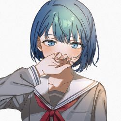 Rule 34 | 1girl, blue eyes, blue hair, blush, commentary request, covering own mouth, fingernails, iwawa, kiritani haruka, long sleeves, looking at viewer, neckerchief, project sekai, red neckerchief, sailor collar, school uniform, serafuku, short hair, simple background, smile, solo, upper body, white background, white sailor collar
