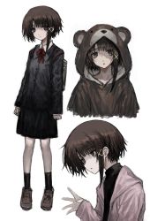 Rule 34 | 1girl, absurdres, animal costume, asymmetrical hair, bear costume, brown eyes, brown hair, closed mouth, commentary, hair ornament, hairclip, highres, iwakura lain, looking at viewer, school uniform, serial experiments lain, short hair, simple background, skirt, solo, torichikushou, white background, x hair ornament