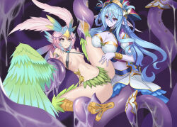Rule 34 | 2girls, animal ears, bian qunqing, bird ears, bird legs, blue hair, blush, bracelet, breasts, carol (clover theater), chinese commentary, cleavage, clover theater, colored skin, commentary request, consensual tentacles, covered erect nipples, feathers, gradient hair, green feathers, green wings, hair ornament, harpy, headdress, highres, imola (clover theater), jewelry, large breasts, lifting person, long hair, monster girl, multicolored hair, multiple girls, navel, nipples, open mouth, pink hair, pointy ears, purple eyes, purple skin, scylla, short hair, slime (substance), small breasts, talons, tentacles, winged arms, wings