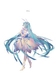 Rule 34 | 1girl, aqua hair, closed eyes, closed mouth, copyright name, dress, from side, full body, hair ornament, hatsune miku, highres, long hair, shoulder tattoo, sidelocks, simple background, solo, song name, spencer sais, spica (vocaloid), standing, tattoo, thighhighs, twintails, very long hair, vocaloid, white background, yellow dress, yellow thighhighs