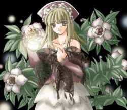 Rule 34 | 1girl, black background, brown eyes, collarbone, detached sleeves, dress, flower, flower wreath, green hair, hair flower, hair ornament, hat, holding, lantern, leaf, legend of mana, light, long hair, looking at viewer, lowres, monique, monique (lom), red hat, seiken densetsu, simple background, smile, solo, strapless, strapless dress, very long hair