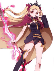 Rule 34 | 1girl, asymmetrical legwear, asymmetrical sleeves, between breasts, black leotard, black thighhighs, blonde hair, blush, bow, breasts, cape, closed mouth, detached collar, earrings, ereshkigal (fate), fate/grand order, fate (series), fur-trimmed cape, fur trim, gold trim, hair bow, highres, hoop earrings, infinity symbol, jewelry, leotard, long hair, looking at viewer, meslamtaea (weapon), multicolored cape, multicolored clothes, nail polish, necklace, parted bangs, red bow, red cape, red eyes, single sleeve, single thighhigh, skull, solo, spine, tanako (645316096), thighhighs, thighs, tiara, two side up, uneven legwear, uneven sleeves, weapon, white background, yellow cape