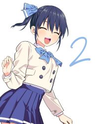 Rule 34 | 1girl, blue bow, blue bowtie, blue skirt, bow, bowtie, closed eyes, countdown, cowboy shot, hair bow, highres, hiroyuki, kanojo mo kanojo, minase nagisa, miniskirt, official art, open mouth, pleated skirt, short hair, short sidetail, side ponytail, simple background, skirt, smile, solo, teeth, upper teeth only, white background