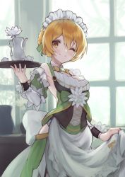 Rule 34 | 1girl, blonde hair, commentary request, detached sleeves, flower, flower knight girl, hair between eyes, highres, indoors, long sleeves, maid, maid headdress, one eye closed, short hair, skirt hold, smile, solo, suiren (flower knight girl), tomisaka yorui, tray, window, yellow eyes