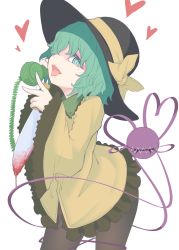 Rule 34 | 1girl, black hat, black pantyhose, blood, bloody knife, blouse, bow, corded phone, cowboy shot, cube85, eyeball, frilled shirt collar, frilled sleeves, frills, green eyes, green hair, hat, hat bow, hat ribbon, heart, heart of string, highres, holding, holding knife, holding phone, knife, komeiji koishi, long sleeves, looking at viewer, open mouth, pantyhose, phone, ribbon, shirt, simple background, smirk, solo, third eye, tongue, tongue out, touhou, wavy hair, white background, wide sleeves, yellow bow, yellow ribbon, yellow shirt