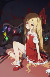 Rule 34 | 1girl, absurdly long hair, absurdres, alternate hair length, alternate hairstyle, arm support, ascot, barefoot, blonde hair, blood, blood splatter, blouse, blush, collared shirt, commentary, crystal, eyebrows hidden by hair, flandre scarlet, frilled skirt, frills, hair between eyes, hair ribbon, hat, highres, long hair, looking at viewer, mary janes, measho, mob cap, one side up, parted lips, pointy ears, red eyes, red footwear, red ribbon, red shirt, red skirt, ribbon, shirt, shoes, short sleeves, single shoe, sitting, skirt, skirt set, socks, stuffed animal, stuffed toy, stuffing, teddy bear, touhou, unworn hat, unworn headwear, very long hair, white hat, white socks, wings, yellow ascot