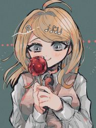 Rule 34 | 1girl, ahoge, akamatsu kaede, bad id, bad twitter id, blonde hair, blush, breasts, candy apple, commentary request, danganronpa (series), danganronpa v3: killing harmony, food, fortissimo, green background, grey eyes, grey shirt, hair ornament, highres, holding, kara aren, large breasts, long hair, long sleeves, looking at viewer, musical note, musical note hair ornament, necktie, orange necktie, shirt, smile, solo, sweater vest, swept bangs, upper body, white shirt