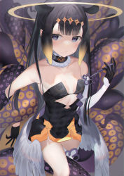 Rule 34 | 1girl, :/, absurdres, animal ears, armpits, asymmetrical sleeves, bare shoulders, black gloves, black hair, blue eyes, breasts, cleavage, closed mouth, collarbone, commentary, detached sleeves, english commentary, fur-trimmed collar, fur trim, gloves, gradient hair, half gloves, halo, headpiece, highres, hololive, hololive english, huge filesize, long hair, low wings, multicolored hair, ninomae ina&#039;nis, ninomae ina&#039;nis (1st costume), single sleeve, small breasts, solo, standing, tentacles, uneven sleeves, virtual youtuber, wings, zukan (db tyoutyo)