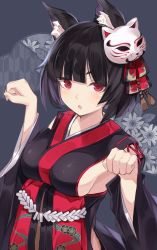 Rule 34 | 1girl, :o, animal ear fluff, animal ears, azur lane, basil (st 1), black hair, breasts, cat ears, cat mask, commentary request, detached sleeves, fang, hair ribbon, hands up, highres, japanese clothes, long sleeves, looking at viewer, mask, mask on head, medium breasts, parted lips, paw pose, red eyes, ribbon, short hair, sideboob, solo, upper body, wide sleeves, yagasuri, yamashiro (azur lane)