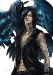 Rule 34 | 1boy, bare shoulders, belt, bird, black belt, black coat, black eyes, black hair, black pants, black vest, closed mouth, coat, collared vest, commentary, crow, devil may cry (series), devil may cry 5, full-body tattoo, griffon (devil may cry 5), haban (haban35), hair over one eye, highres, jewelry, looking at viewer, male focus, medium hair, necklace, open clothes, open coat, pants, simple background, sleeveless, sleeveless coat, smile, standing, tattoo, v (devil may cry), vest, white background